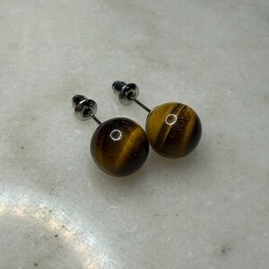 Round Brown-Black Tiger Stone Stud Earrings
